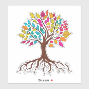 Abstract tree with roots and colourful leaves.