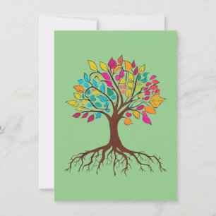 Abstract tree with roots and colourful leaves. card