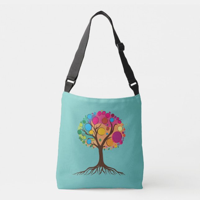 Abstract tree with roots and colourful leaves. crossbody bag (Front)