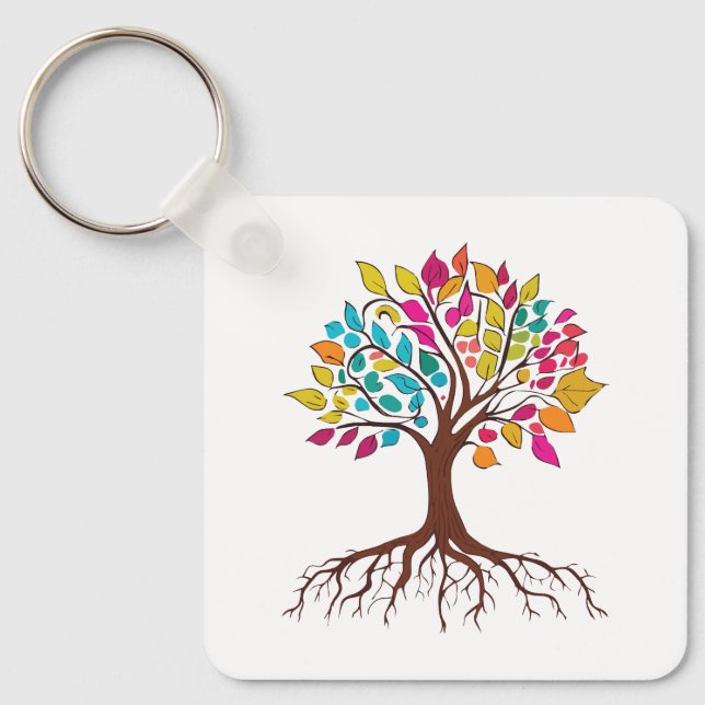 Abstract tree with roots and colourful leaves. key ring (Front)