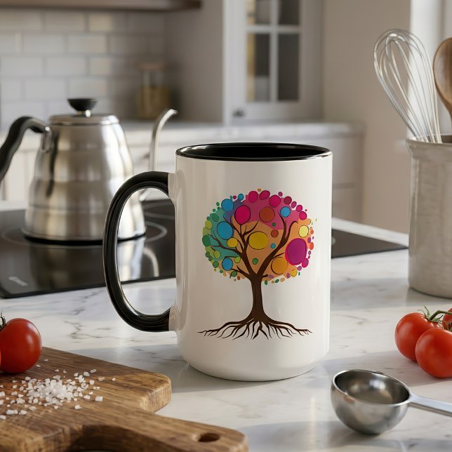 Abstract tree with roots and colourful leaves. mug (Abstract tree with roots and colorful leaves. mug)