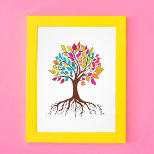 Abstract tree with roots and colourful leaves. photo print