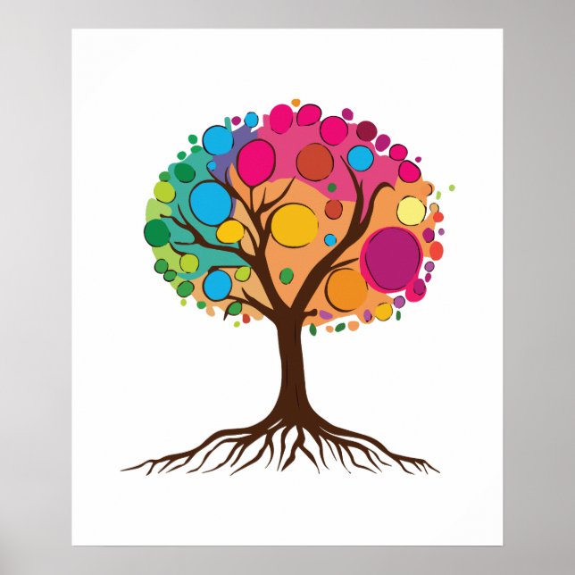 Abstract tree with roots and colourful leaves. poster (Front)