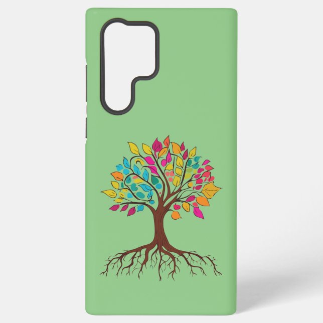 Abstract tree with roots and colourful leaves. samsung galaxy s22 ultra case (Back)