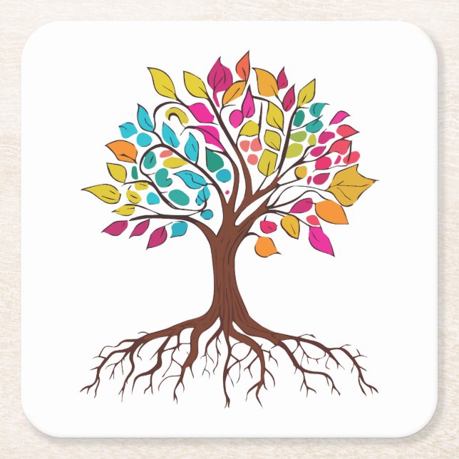 Abstract tree with roots and colourful leaves. square paper coaster (Front)