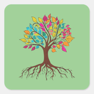 Abstract tree with roots and colourful leaves. square sticker