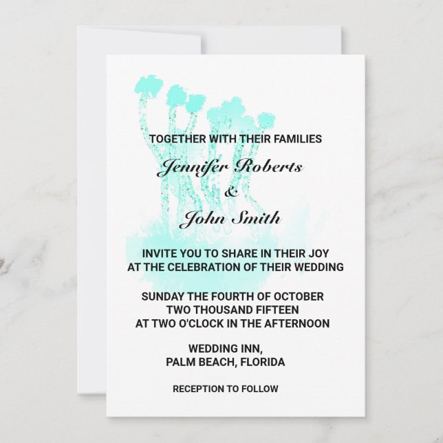 Abstract Trees Watercolor Teal Blue Art Wedding Invitation (Front)