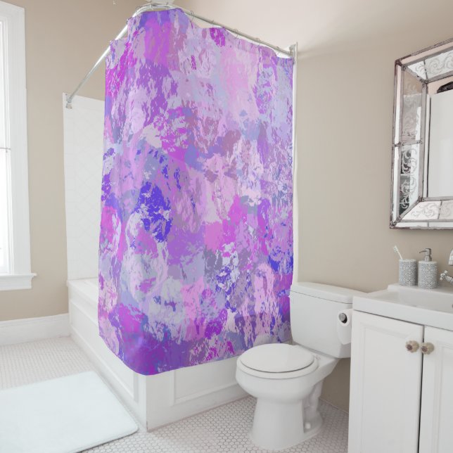 Abstract Trendy Camo Pink Purple Blue Shower Curtain (In Situ)