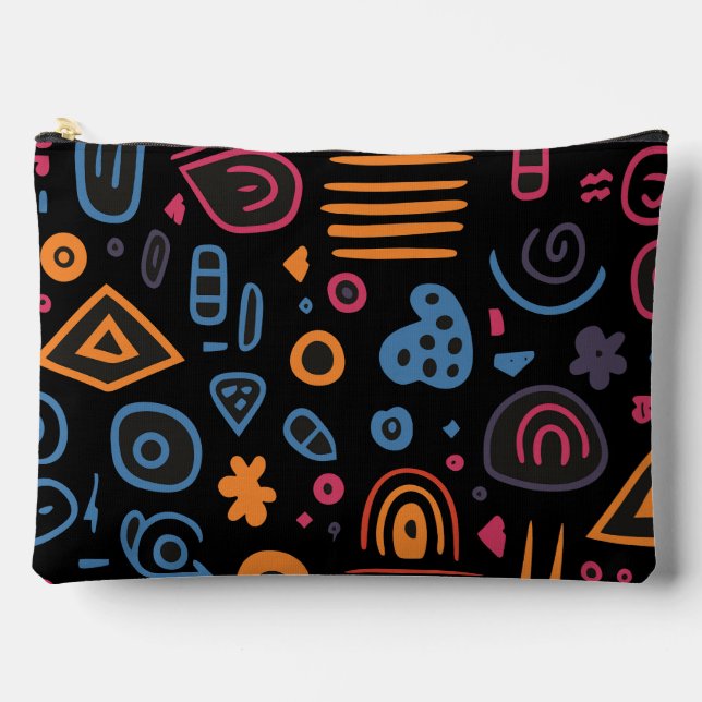 Abstract Tribal Doodle Neon Geometric Black Accessory Pouch (Front)