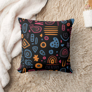 Abstract Tribal Doodle Neon Geometric Black Cushion