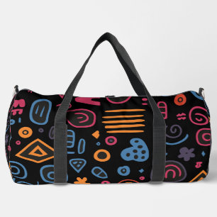 Abstract Tribal Doodle Neon Geometric Black Duffle Bag
