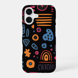 Abstract Tribal Doodle Neon Geometric Black iPhone 16 Case