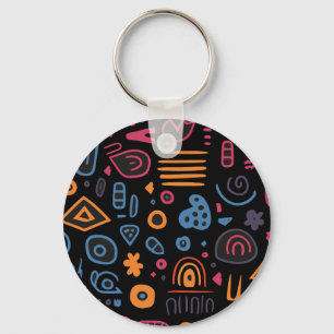 Abstract Tribal Doodle Neon Geometric Black Key Ring