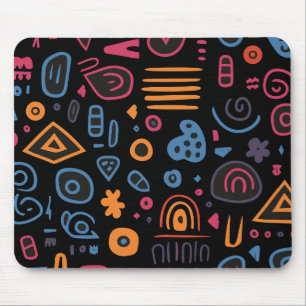 Abstract Tribal Doodle Neon Geometric Black Mouse Mat