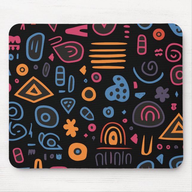 Abstract Tribal Doodle Neon Geometric Black Mouse Mat (Front)