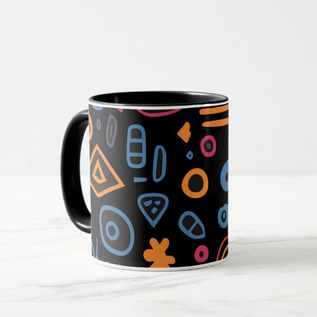 Abstract Tribal Doodle Neon Geometric Black Mug (Front Left)