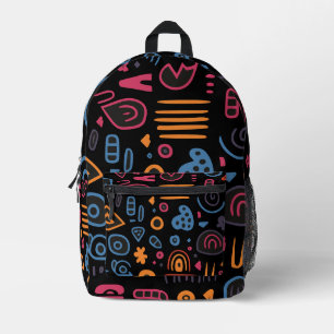 Abstract Tribal Doodle Neon Geometric Black Printed Backpack
