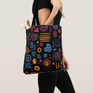 Abstract Tribal Doodle Neon Geometric Black Tote Bag