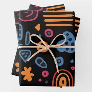 Abstract Tribal Doodle Neon Geometric Black Wrapping Paper Sheet