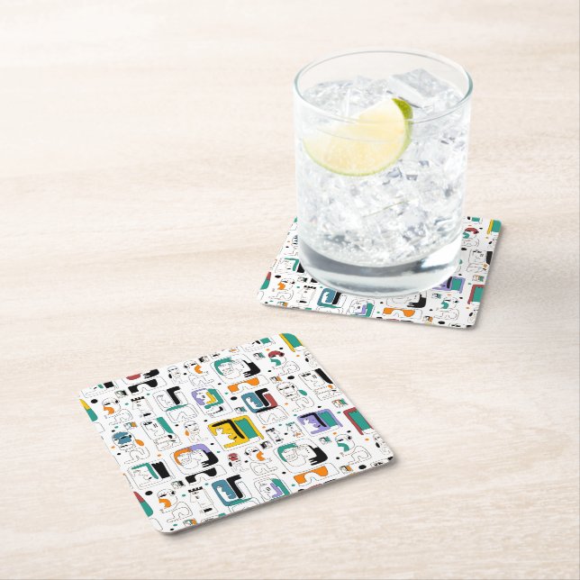 Abstract tribal maya ancient faces pattern 1 square paper coaster (Insitu)