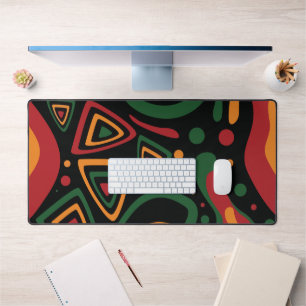 Abstract Tribal Shapes Pattern in Red, Gold, Green Desk Mat