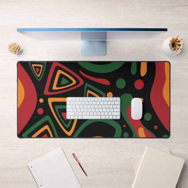 Abstract Tribal Shapes Pattern in Red, Gold, Green Desk Mat (Office 1)
