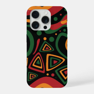 Abstract Tribal Shapes Pattern in Red, Gold, Green iPhone 15 Pro Case