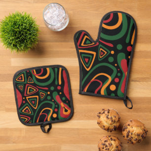 Abstract Tribal Shapes Pattern in Red, Gold, Green Oven Mitt & Pot Holder Set