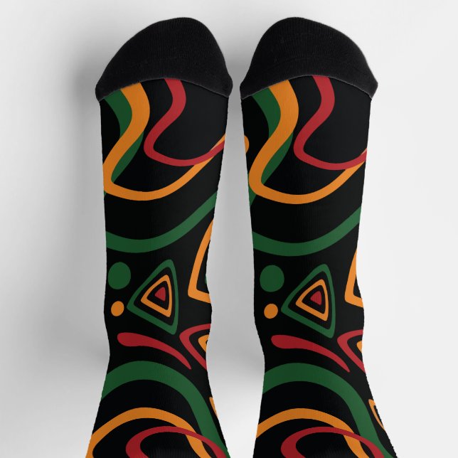 Abstract Tribal Shapes Pattern in Red, Gold, Green Socks (Top)
