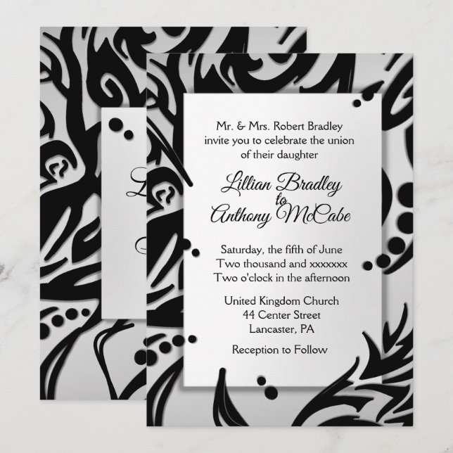 Abstract Tribal Silver Wedding Invitation Olive (Front/Back)