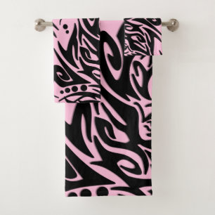 Abstract Tribal Wolf Pink on Black Bath Towel Set