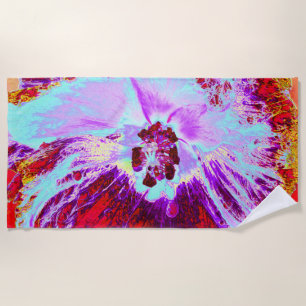 Abstract Tropical Aqua and Purple Hibiscus Flower Beach Towel