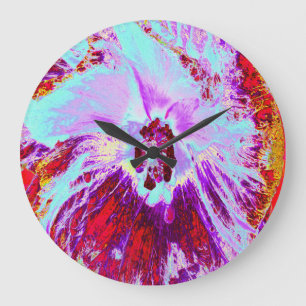 Abstract Tropical Aqua and Purple Hibiscus Flower Large Clock