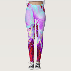 Abstract Tropical Aqua and Purple Hibiscus Flower Leggings