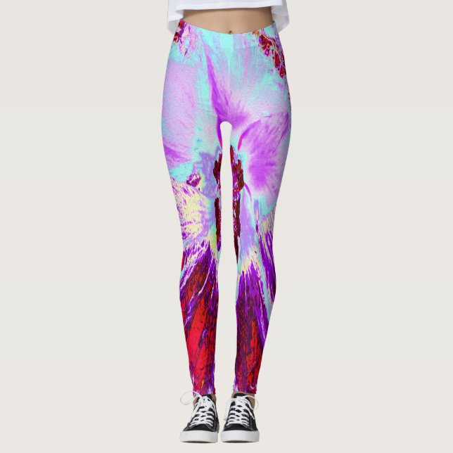Abstract Tropical Aqua and Purple Hibiscus Flower Leggings (Front)