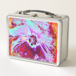 Abstract Tropical Aqua and Purple Hibiscus Flower Metal Lunch Box