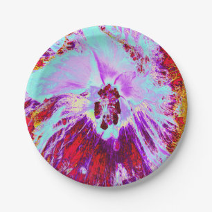 Abstract Tropical Aqua and Purple Hibiscus Flower Paper Plate