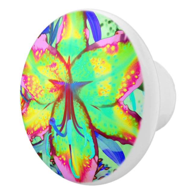 Abstract tropical floral pink green lily ceramic knob (Right)