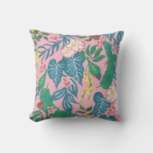 Abstract tropical flowers, guache painting pattern cushion