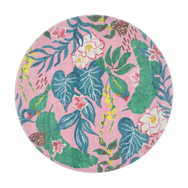 Abstract tropical flowers, guache painting pattern cutting board (Front)