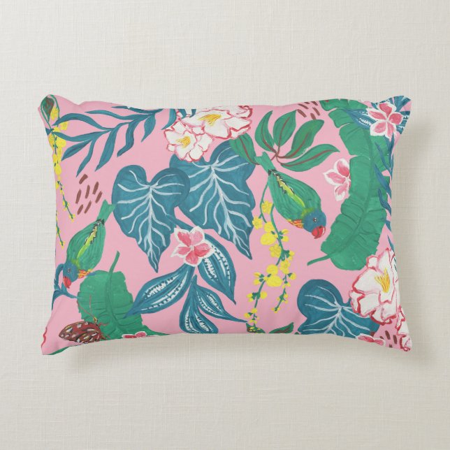 Abstract tropical flowers, guache painting pattern decorative cushion (Front)