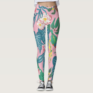 Abstract tropical flowers, guache painting pattern leggings
