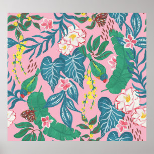 Abstract tropical flowers, guache painting pattern poster