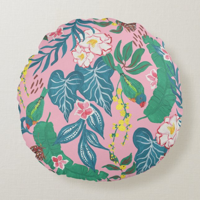 Abstract tropical flowers, guache painting pattern round cushion (Front)