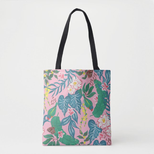 Abstract tropical flowers, guache painting pattern tote bag (Front)