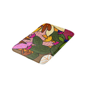 Abstract tropical leaves and flowers   bath mat