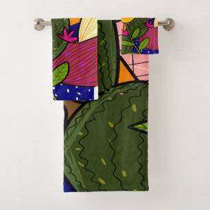 Abstract tropical leaves and flowers bath towel set