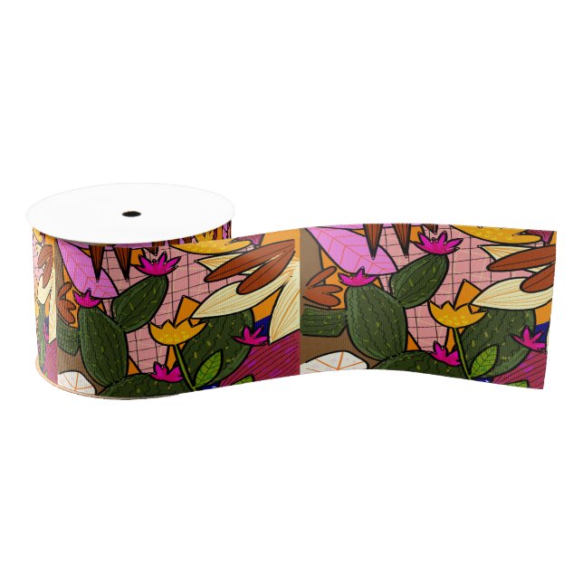 Abstract tropical leaves and flowers   grosgrain ribbon (Spool)
