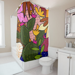 Abstract tropical leaves and flowers shower curtain