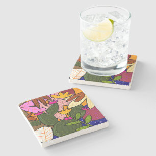 Abstract tropical leaves and flowers stone coaster